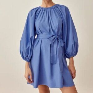 Reformation Blue Dusk Puff Long Sleeve Organic Cotton Belted Waist Rennae Dress